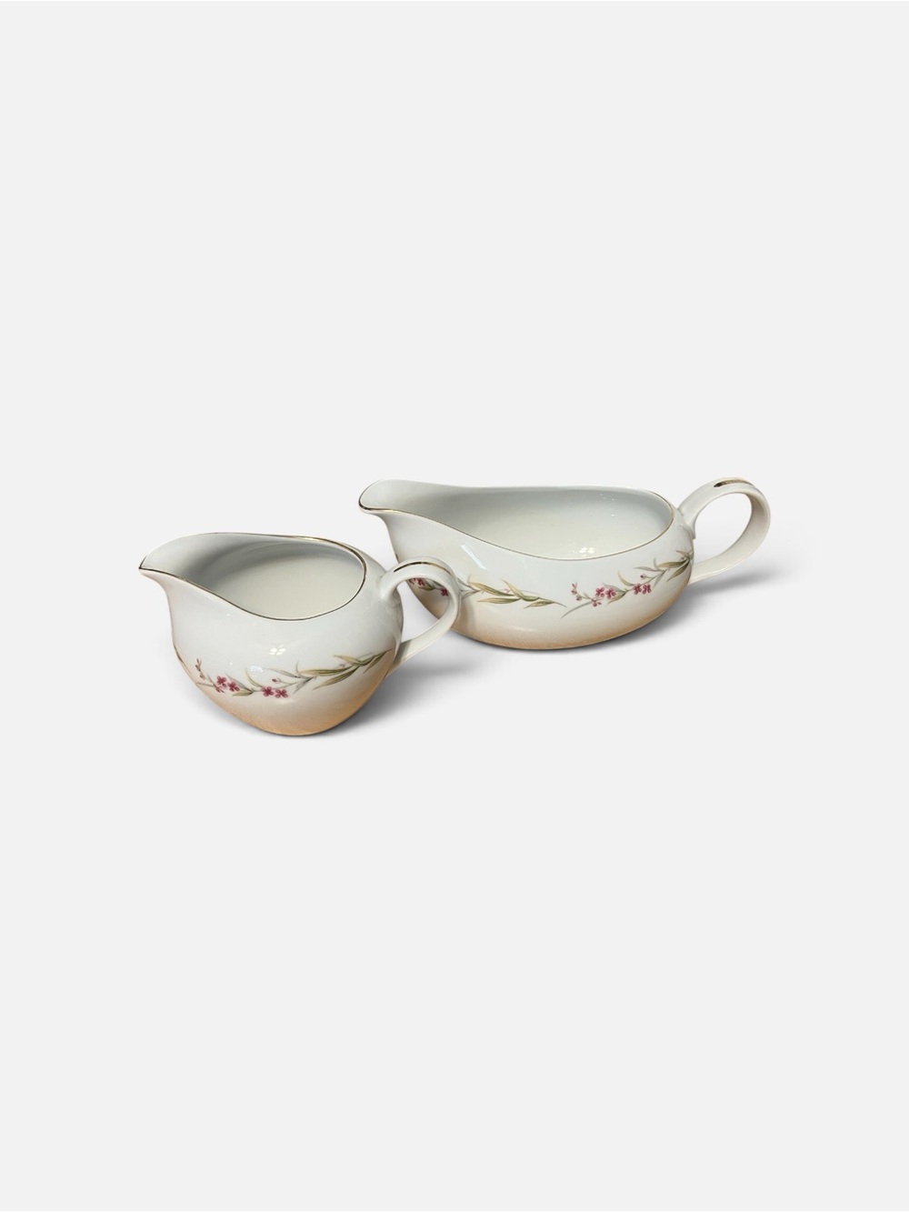 Porcelain Gravy Boat Pair with Pink Floral Detail - White and Cream
